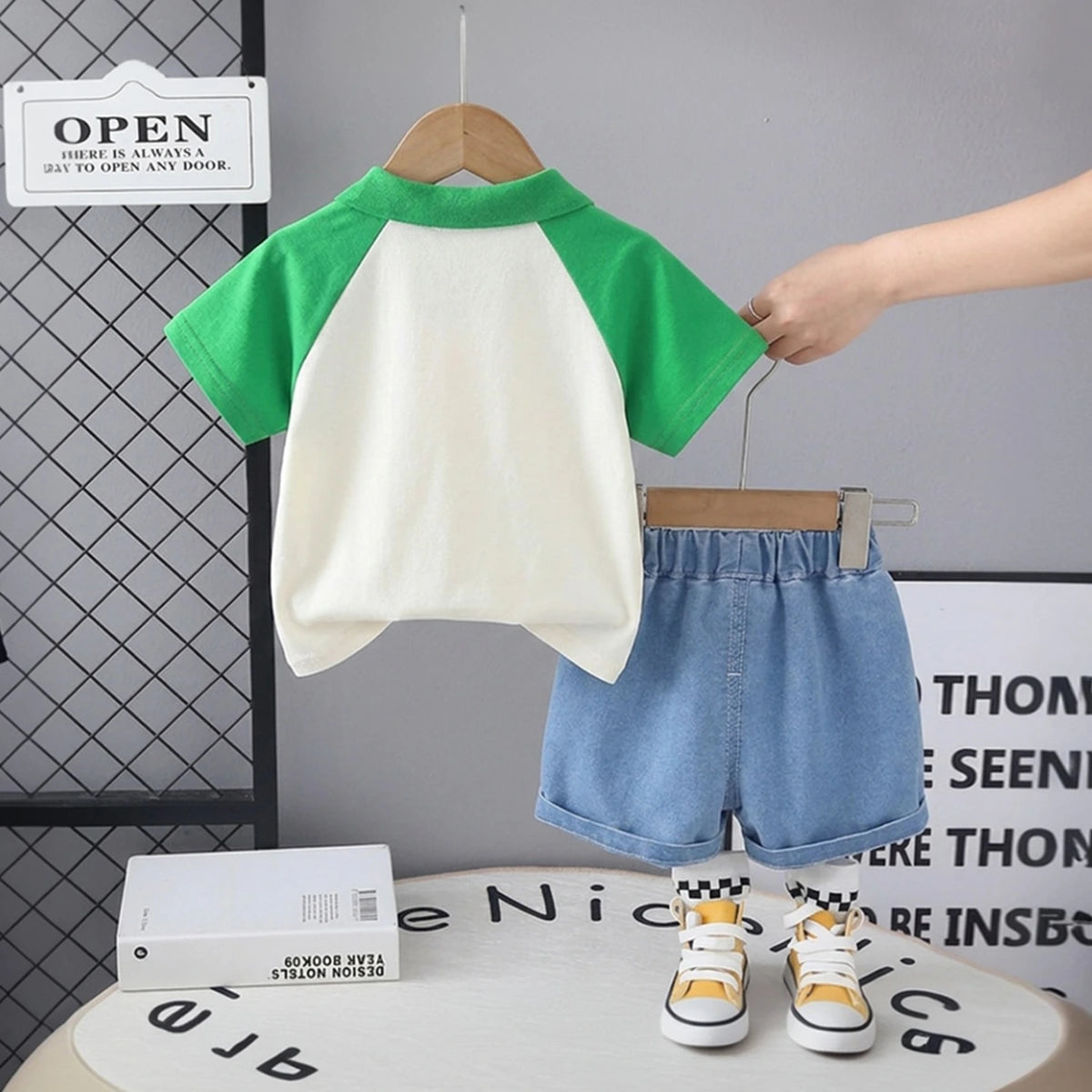 Boys Green Dinosaur Printed Short Sleeve Polo T-Shirt With Denim Shorts Sets 2 pc. Sets