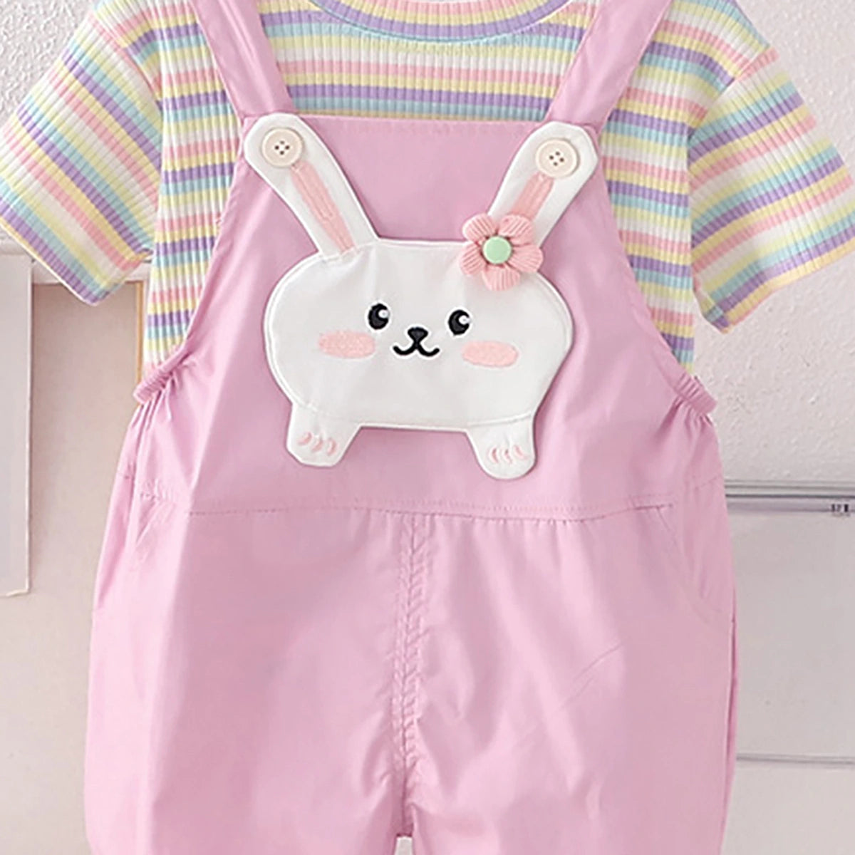Boys Short Sleeve T-Shirt With Pink Bunny Applique Dungaree Sets 2 pc. Sets