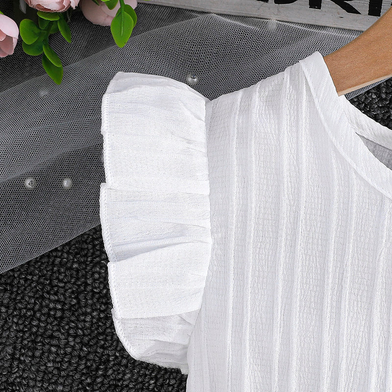 Girls White Flutter Sleeves Round Neck Dress Casual Dresses