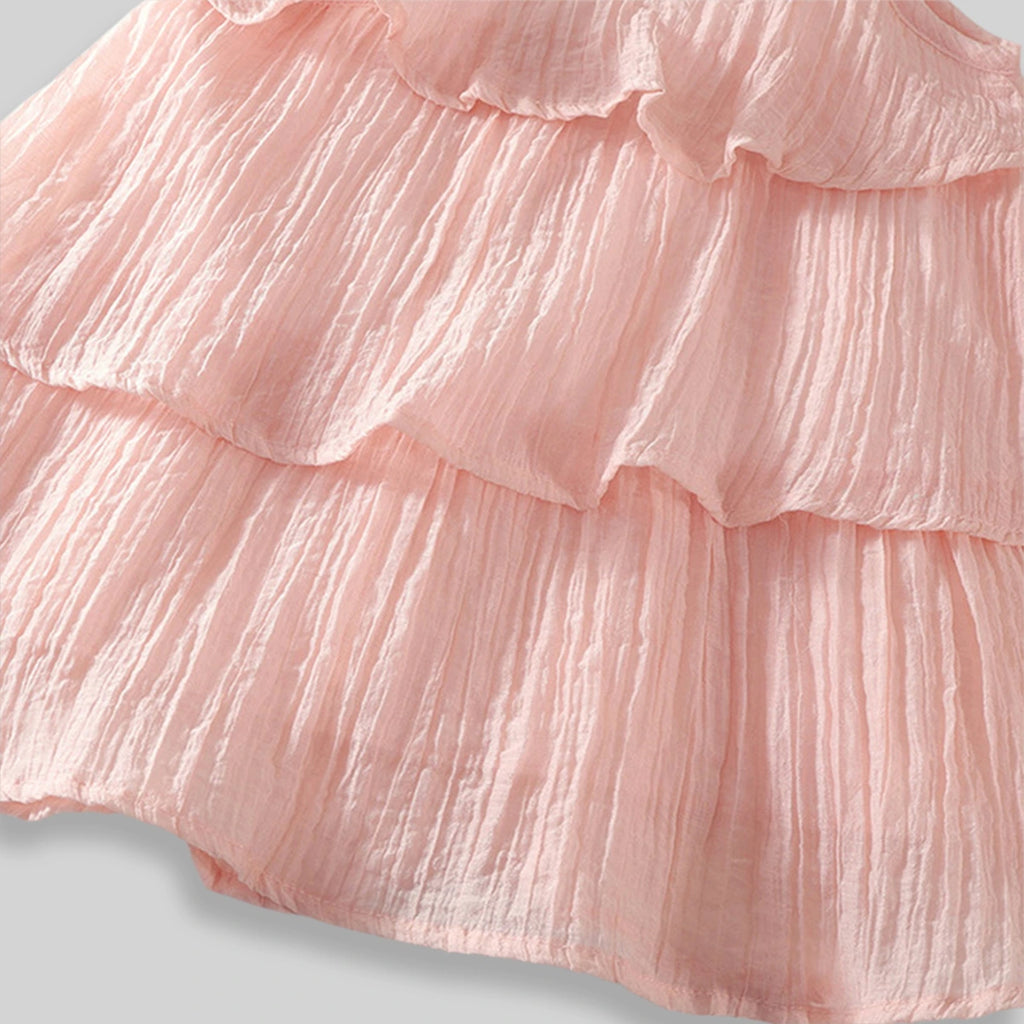 Girls Light Pink Sleeveless Layered Dress With Embellished Neckline Casual Dresses