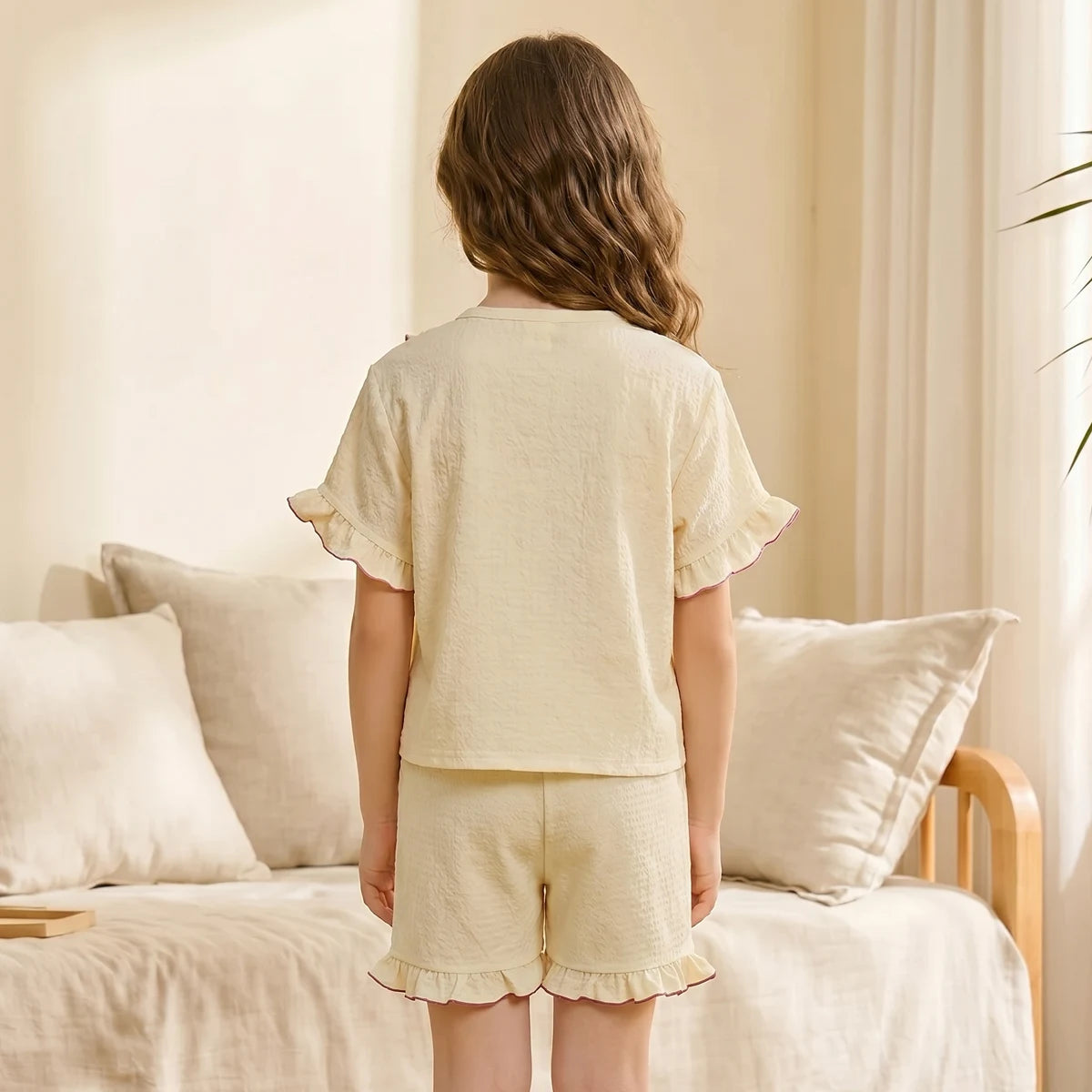 Girls Beige Textured Short Sleeve Top With Shorts Sets 2 pc. Sets