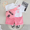 Boys Printed Short Sleeves T-Shirt With Pink Shorts And Bag Pack Set 3 pc. Sets Pink 1-2 Y