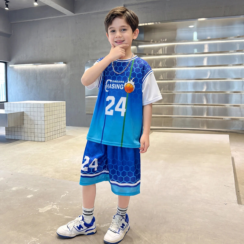 Boys Blue Typographic Print Short Sleeve T-Shirt With Shorts Sets 2 pc. Sets Blue 5-6 Y
