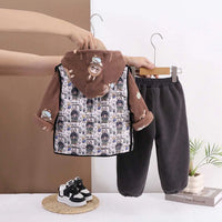 Boys Brown Printed Fleece Hooded Zipper Jacket With Vest & Jogger Sets Sets