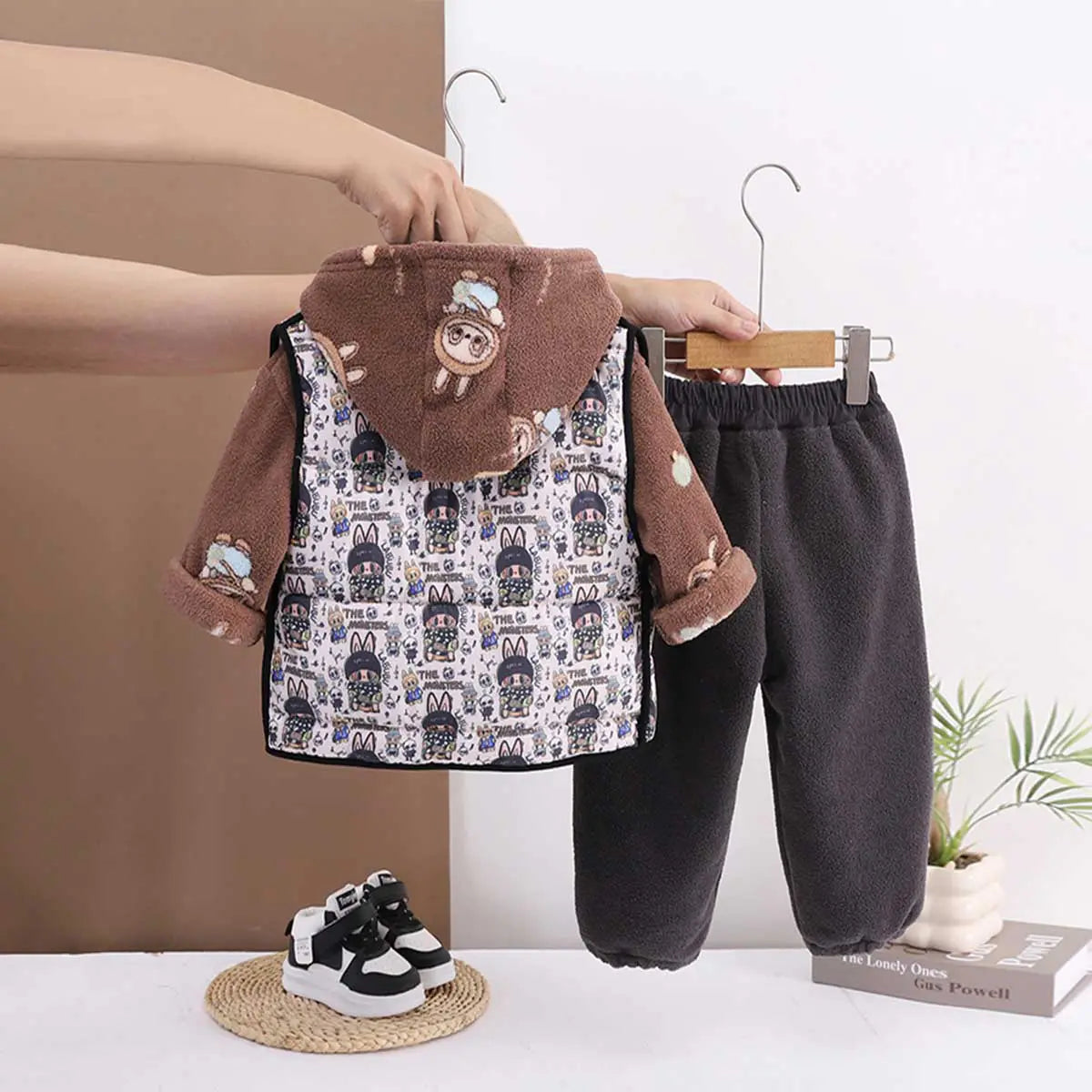 Boys Brown Printed Fleece Hooded Zipper Jacket With Vest & Jogger Sets Sets