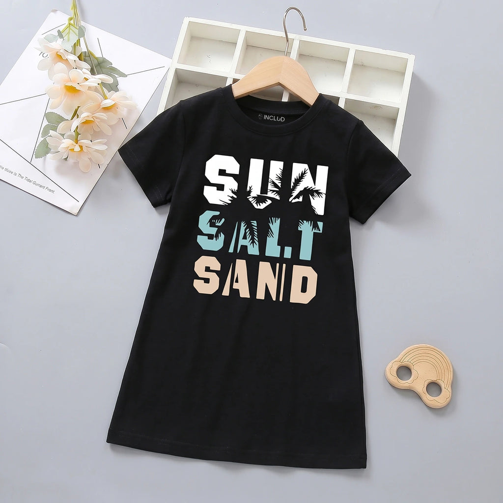 Girls Black Typographic Print Short Sleeve T-Shirt Dress Casual Dresses Black 4-5 Y