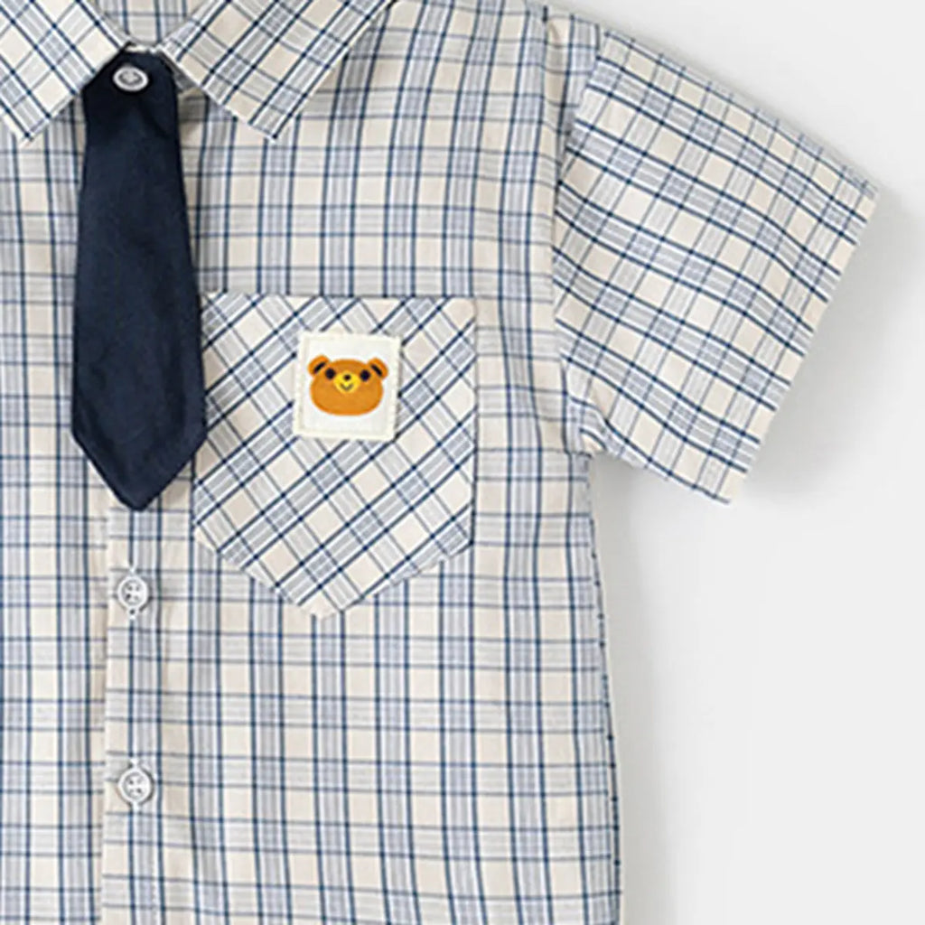 Boys Light Blue Checked Shirt with Bear Patch Pocket Shirts