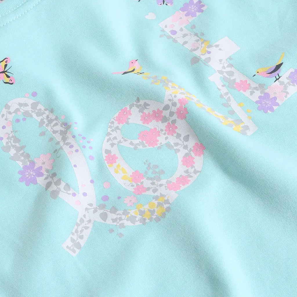 Girls Sky Blue Typographic Printed Short Sleeves T-Shirt With Shorts Sets Sets