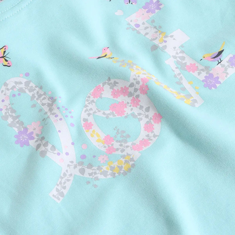 Girls Sky Blue Typographic Printed Short Sleeves T-Shirt With Shorts Sets Sets