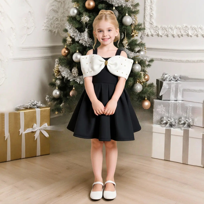 Girls Black Sleeveless Fit & Flare Party Wear Dress With Elegant Bow Detail Party Dresses