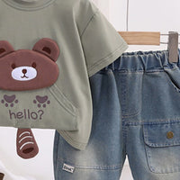 Boys Green Bear Motif Short Sleeve T-Shirt With Denim Shorts Sets 2 pc. Sets