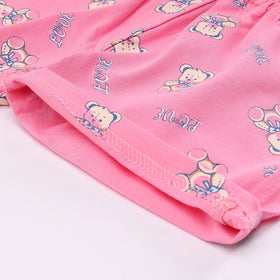 Girls Pink Teddy Bear Graphics Puff Sleeve Top With Printed Shorts Sets Sets