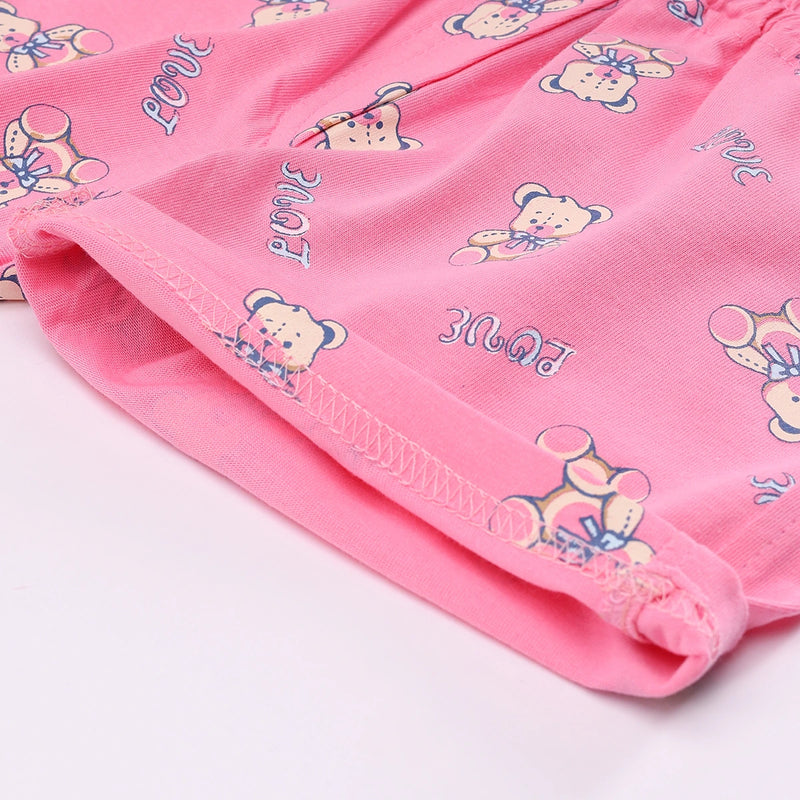 Girls Pink Teddy Bear Graphics Puff Sleeve Top With Printed Shorts Sets Sets