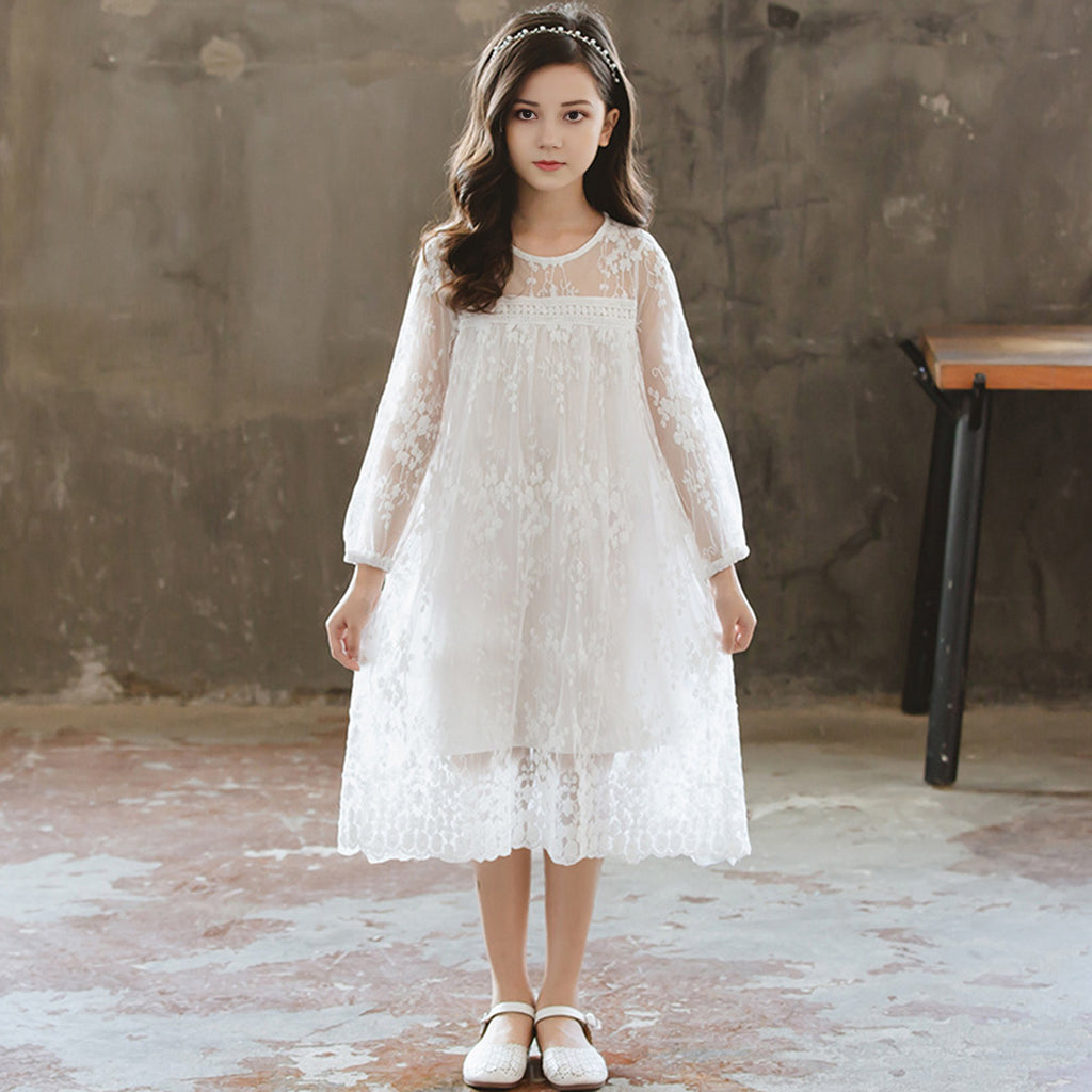 Girls Embroidered Long Sleeves Flared Dress
