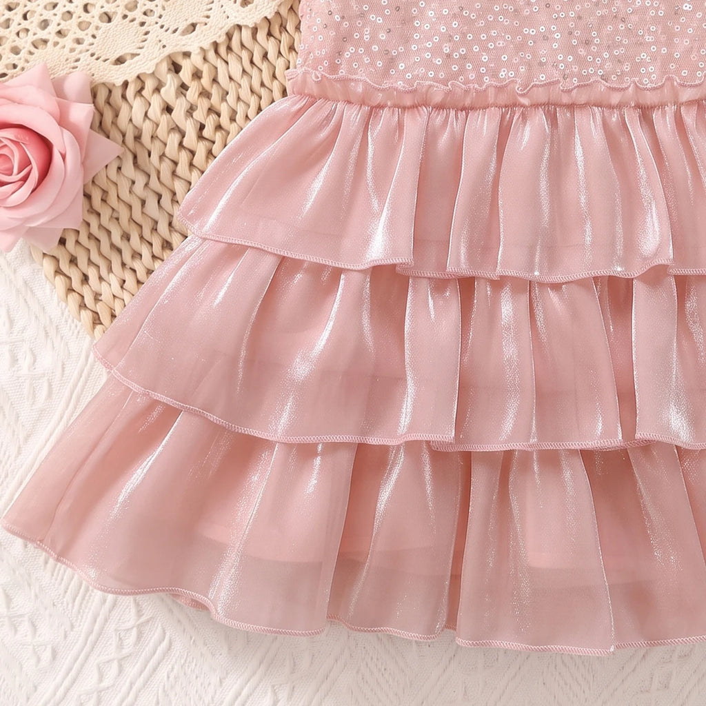 Girls Light Pink Sequins Embellished Layered Party Dress Party Dresses