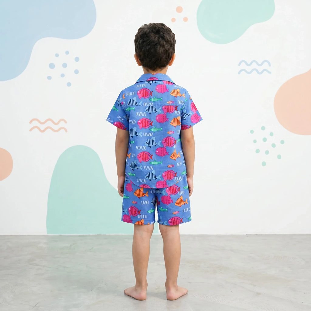 Boys Blue Fish Printed Short Sleeves Shirt With Printed Shorts Sets Sets