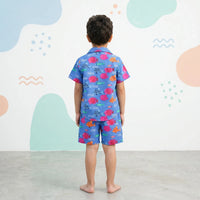 Boys Blue Fish Printed Short Sleeves Shirt With Printed Shorts Sets Sets