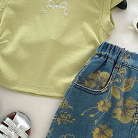 Girls Green Bow Embroidered Top With Floral Print Denim Skirt Sets 2 pc. Sets