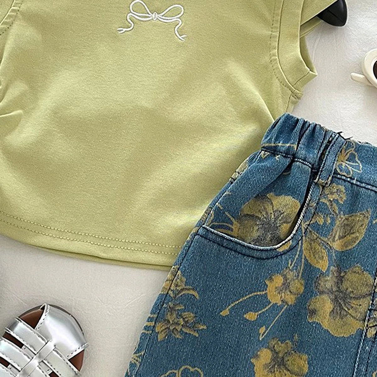 Girls Green Bow Embroidered Top With Floral Print Denim Skirt Sets 2 pc. Sets