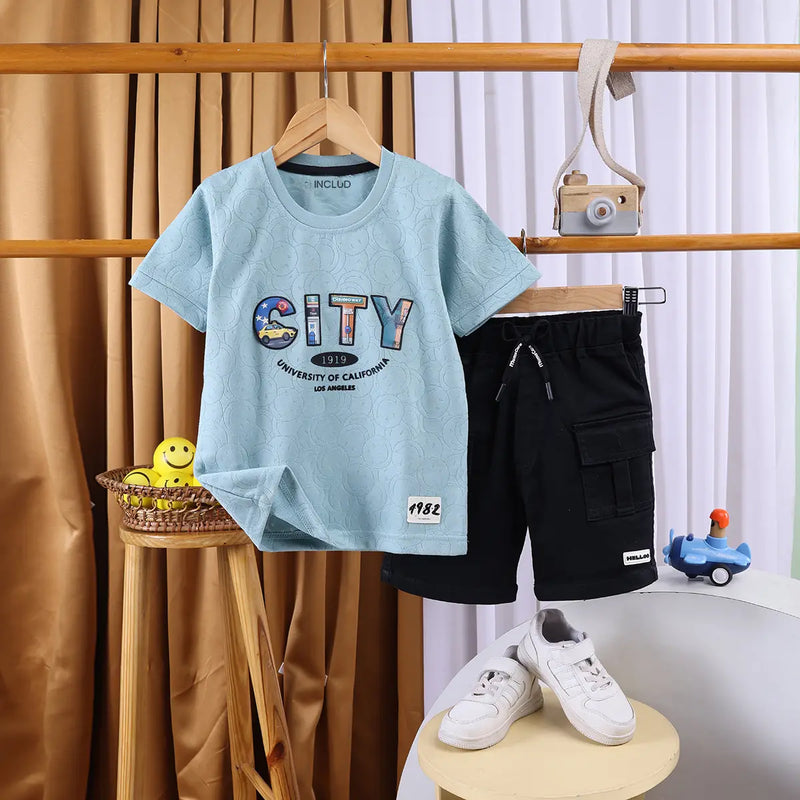 Boys Sea Green Typographic Printed Short Sleeve T-shirts With Elasticated Shorts Sets Sets Sea Green 1-2 Y