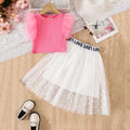 Girls Pink Crop Top With Polka Dot Printed Tulle Overlay Skirts Set Sets Pink 3-4 Y