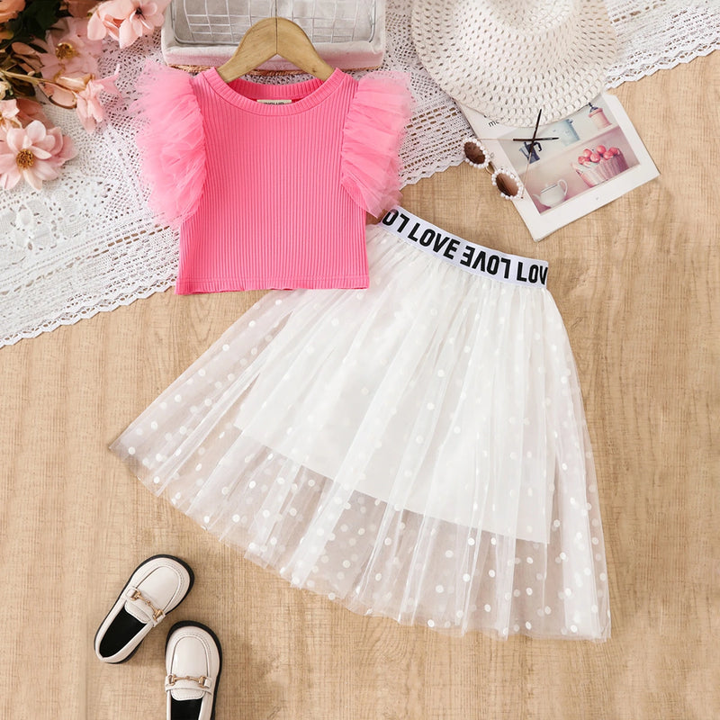 Girls Pink Crop Top With Polka Dot Printed Tulle Overlay Skirts Set Sets Pink 3-4 Y