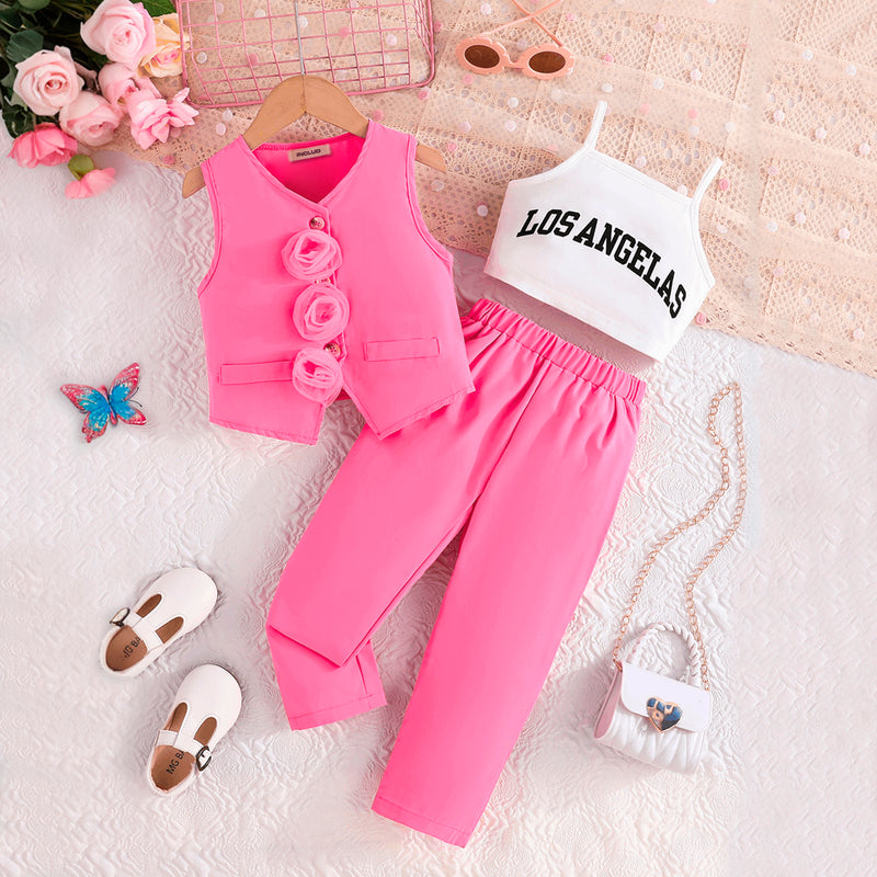 Girls Pink Floral Applique Waistcoat With Camisole Top And Pants Set 3 pc. Sets Pink 2-3 Y