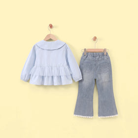 Girls Sky Blue Ruffled Top With Flared Denim Pants Sets Sets