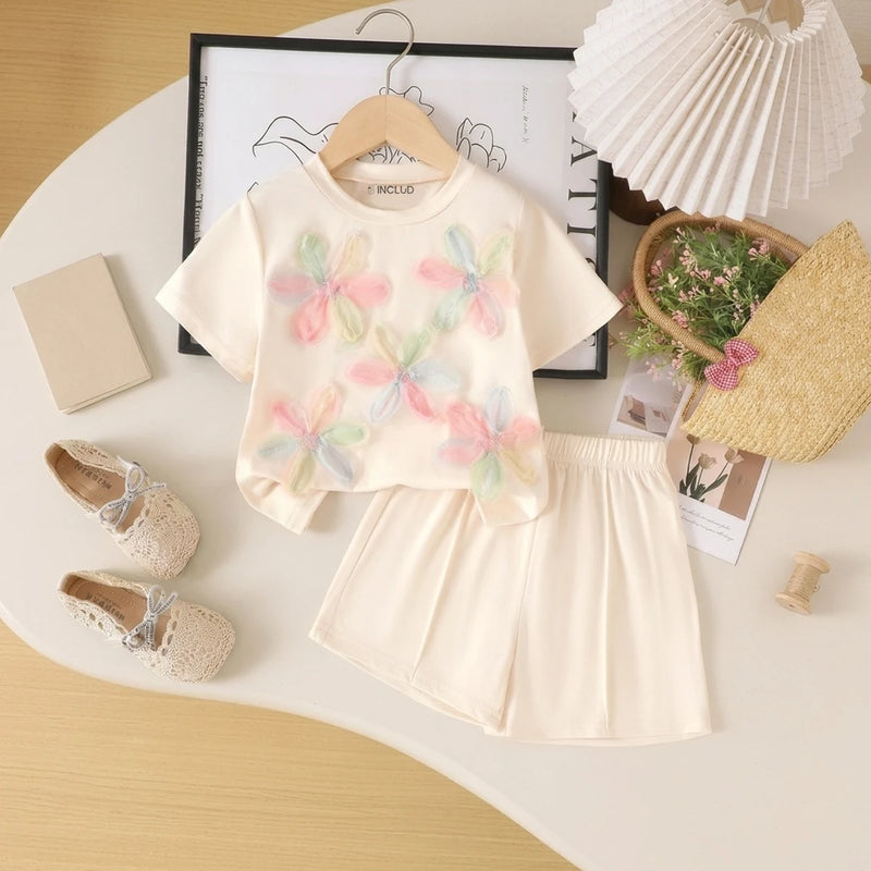 Girls Apricot Floral Applique Short Sleeve T-Shirt With Elasticated Shorts Sets 2 pc. Sets Apricot 3-4 Y