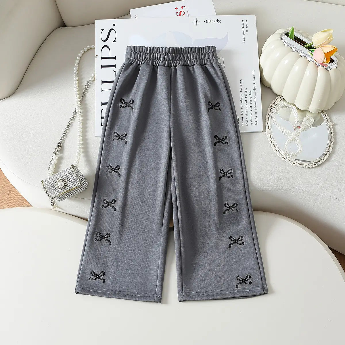 Girls Grey Bow Printed Wide Leg Pants Pants Grey 3-4 Y
