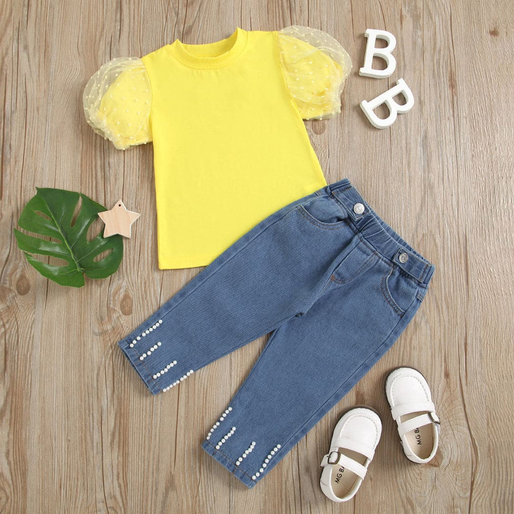 Girls Yellow Short Sleeve Top With Denim Pants Set Sets Yellow 1-2 Y 