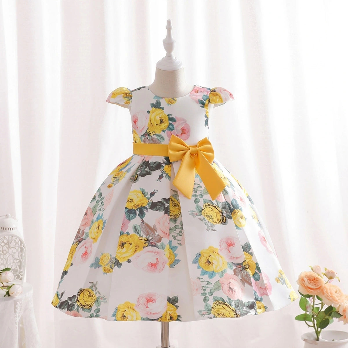 Girls Yellow Floral Printed Cap Sleeve Fit & Flare Party Wear Dress Party Dresses Yellow 2-3 Y