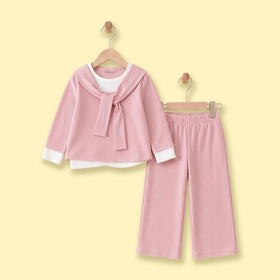 Girls Pink Ribbed Sailor Collar Overlay Top & Pants Co-ord Sets Sets Pink 1-2 Y