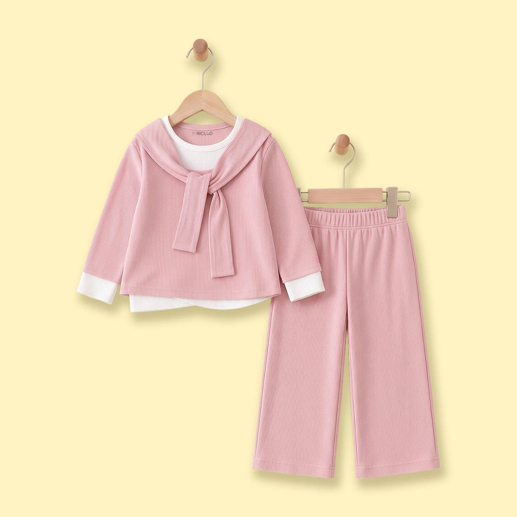 Girls Pink Ribbed Sailor Collar Overlay Top & Pants Co-ord Sets Sets Pink 1-2 Y