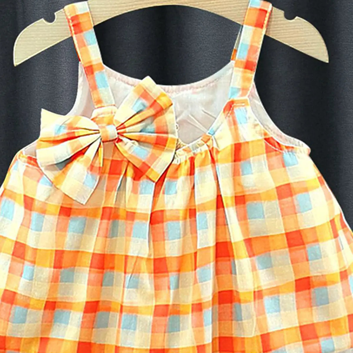 Girls Orange Checked Bow Top With Shorts Sets Sets