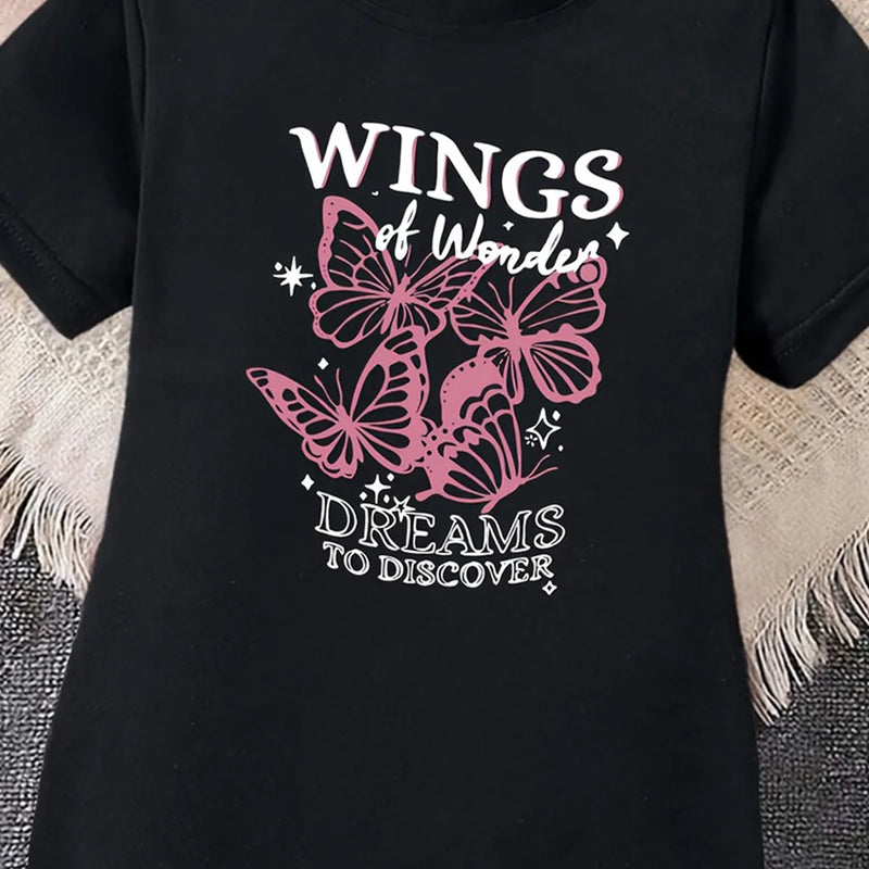 Girls Black Typographic Print Short sleeve T-Shirt Dress Casual Dresses