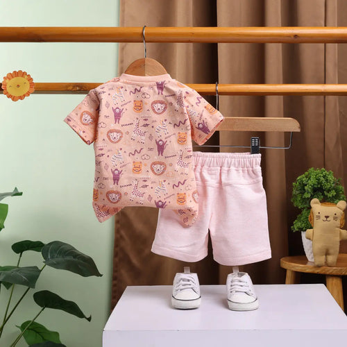 Boys Peach Animal Printed T-Shirt With Elasticated Shorts Sets 2 pc. Sets