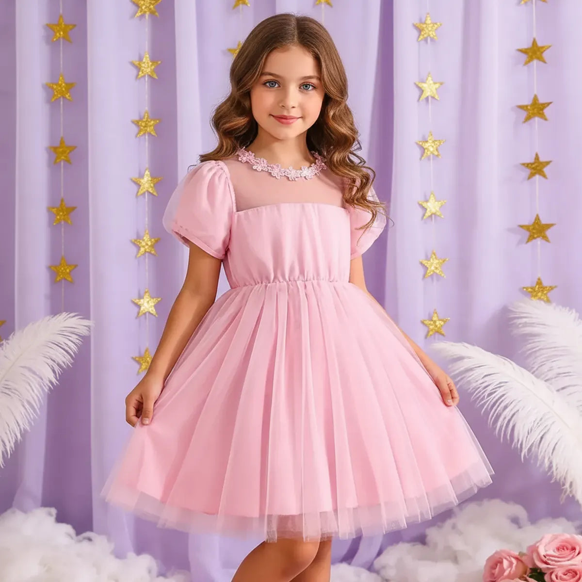 Girls Pink Tulle Overlay Fit & Flare Dress With Puff Sleeves Casual Dresses