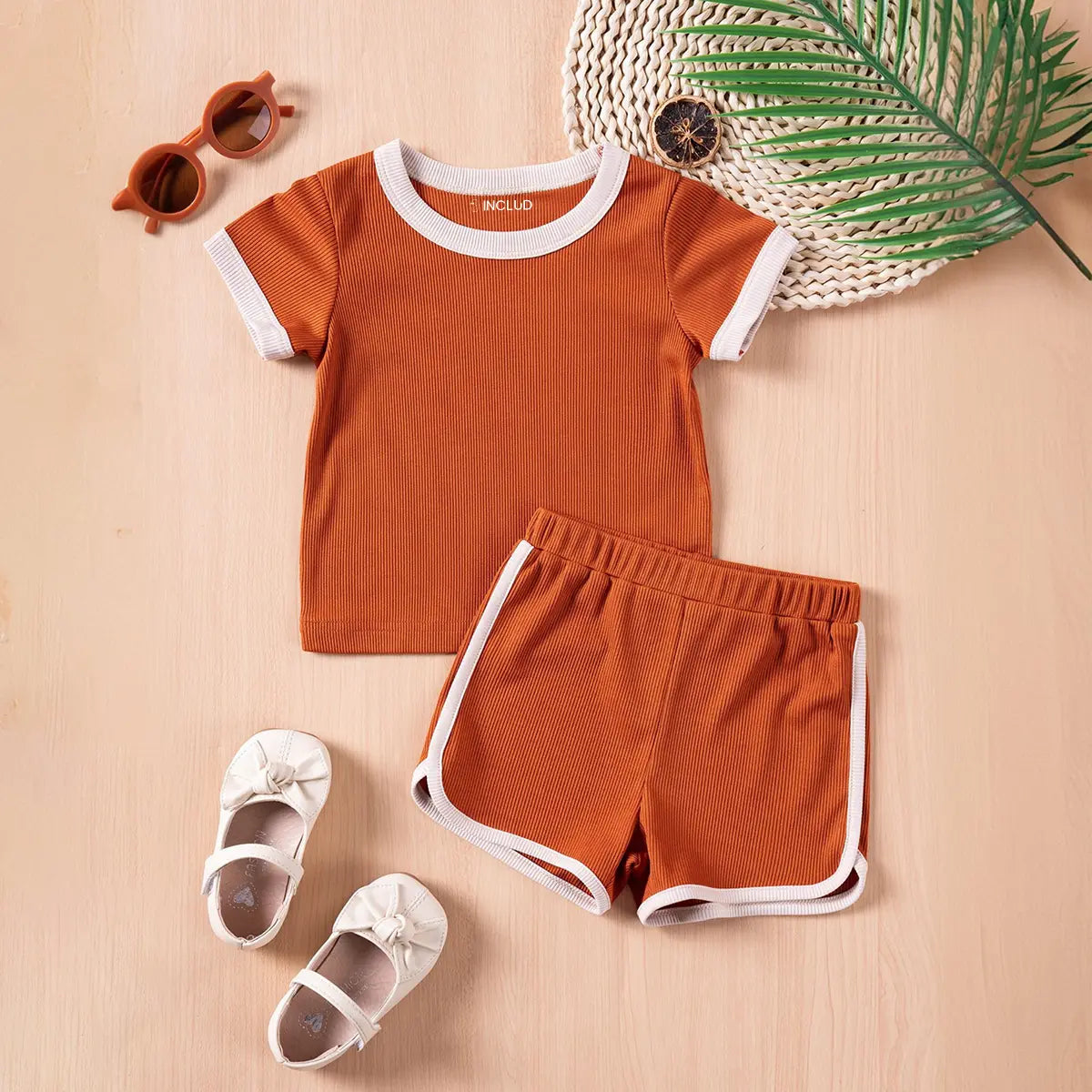 Girls Rust Orange Ribbed Contrast Trims T-Shirt & Shorts Co-ord Sets Sets Rust 1-2 Y