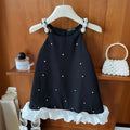 Girls Black Glass Stone Embellished A-line Dress With Contrast Ruffle Hem Casual Dresses Black 1-2 Y