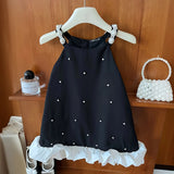 Girls Black Glass Stone Embellished A-line Dress With Contrast Ruffle Hem