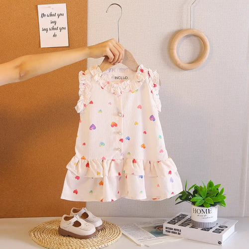 Girls White Heart Printed Sleeveless A-line Dress Casual Dresses White 1-2 Y
