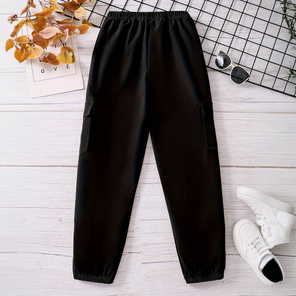 Boys Black Solid Elasticated Bottom Cargo Trouser Cargo Pants