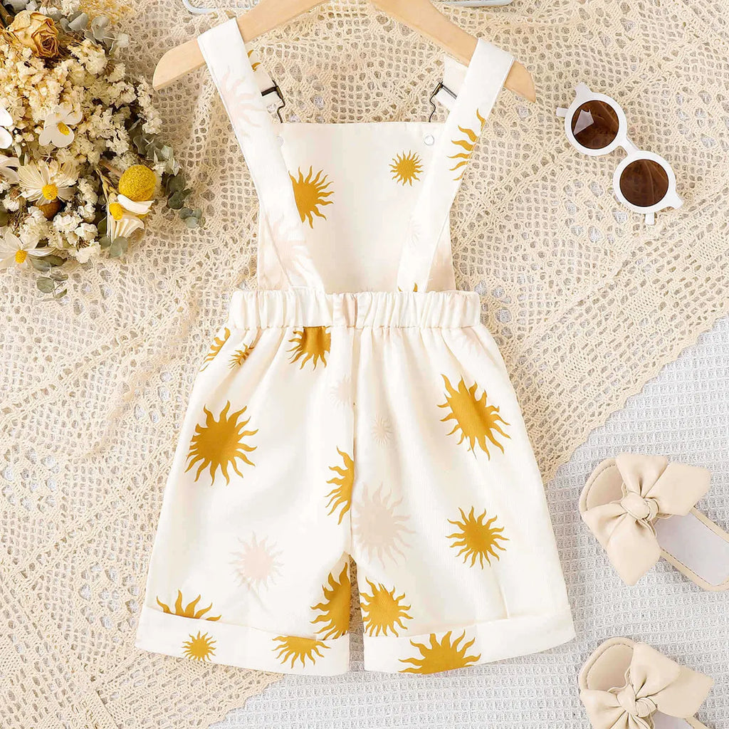 Girls White Sun Print Adjustable Strap Dungaree Jumpsuits
