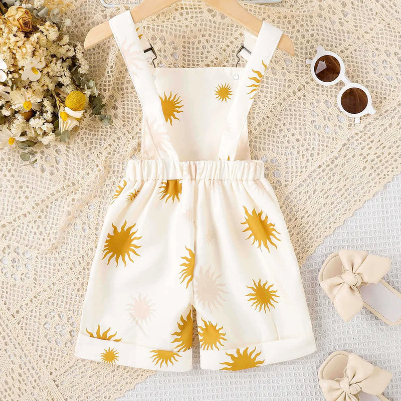 Girls White Sun Print Adjustable Strap Dungaree Jumpsuits