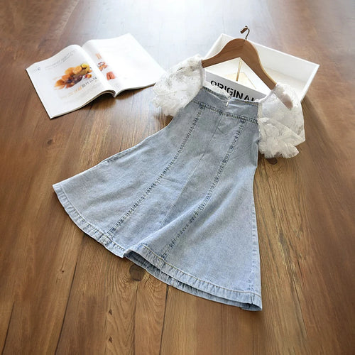Girls Light Blue Floral Lace Puff Sleeve A-line Denim Dress Casual Dresses