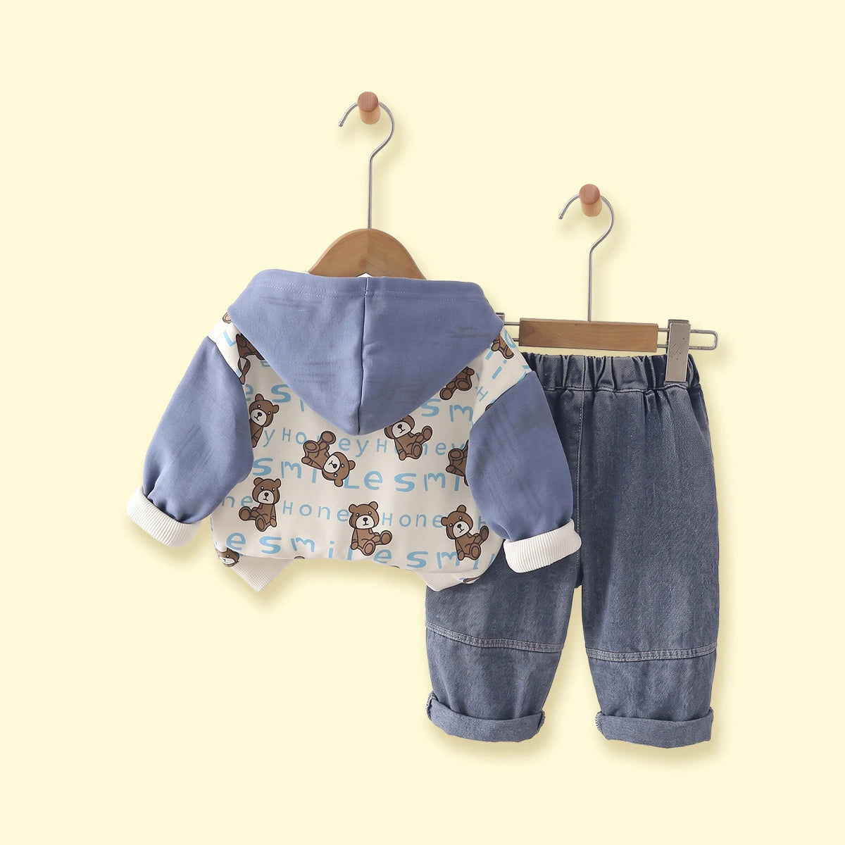 Boys Blue Typographic Hooded Jacket & T-Shirt With Denim Pants Sets Sets