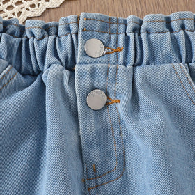 Girls Pink 3D Flower Applique Crop Top With Denim Skirts Set Sets