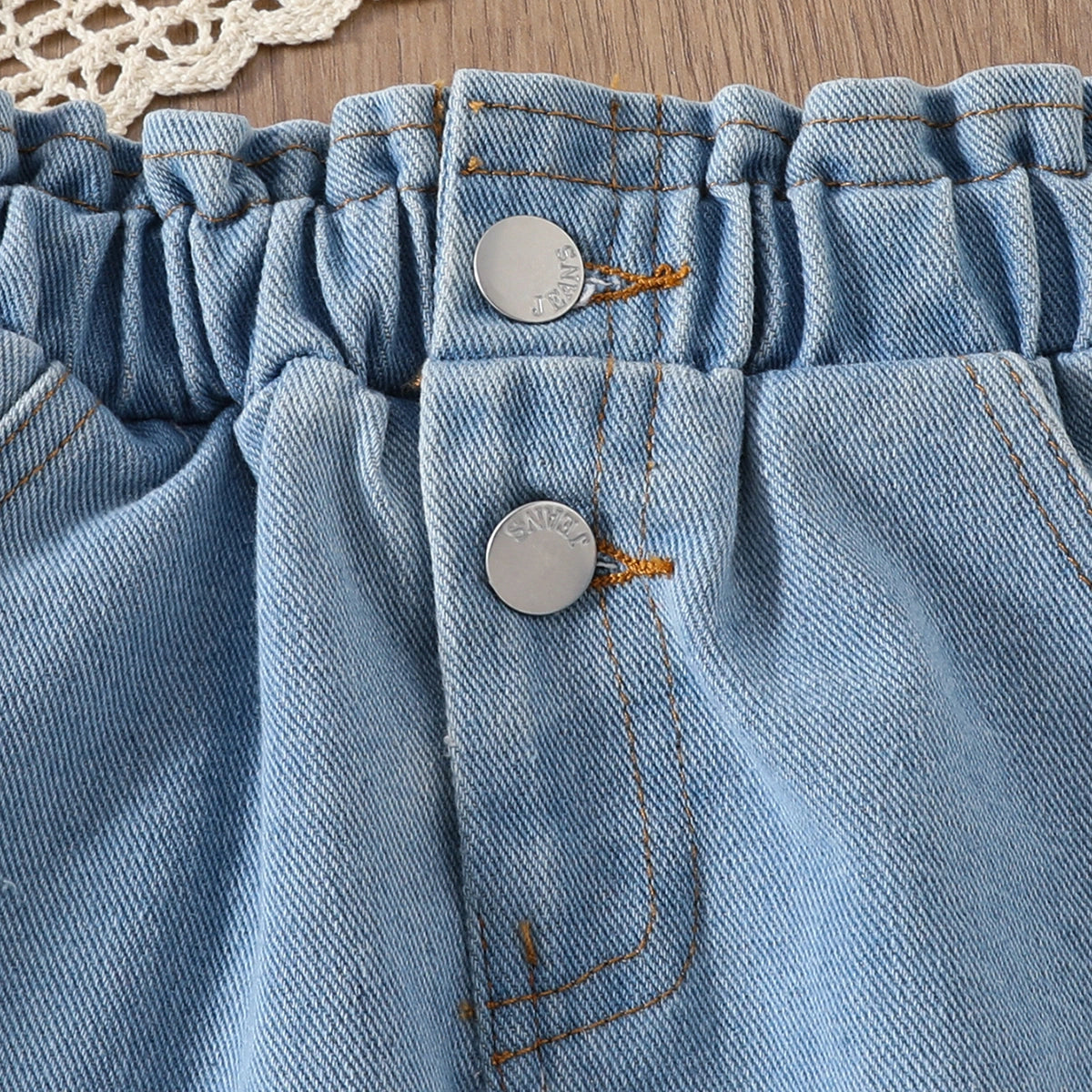 Girls Pink 3D Flower Applique Crop Top With Denim Skirts Set Sets
