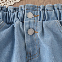 Girls Pink 3D Flower Applique Crop Top With Denim Skirts Set Sets